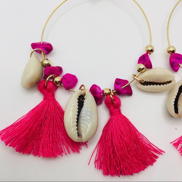 EARRINGS BOHO TASSELS DEEP PINK, purple stones! - Picture 3 of 9